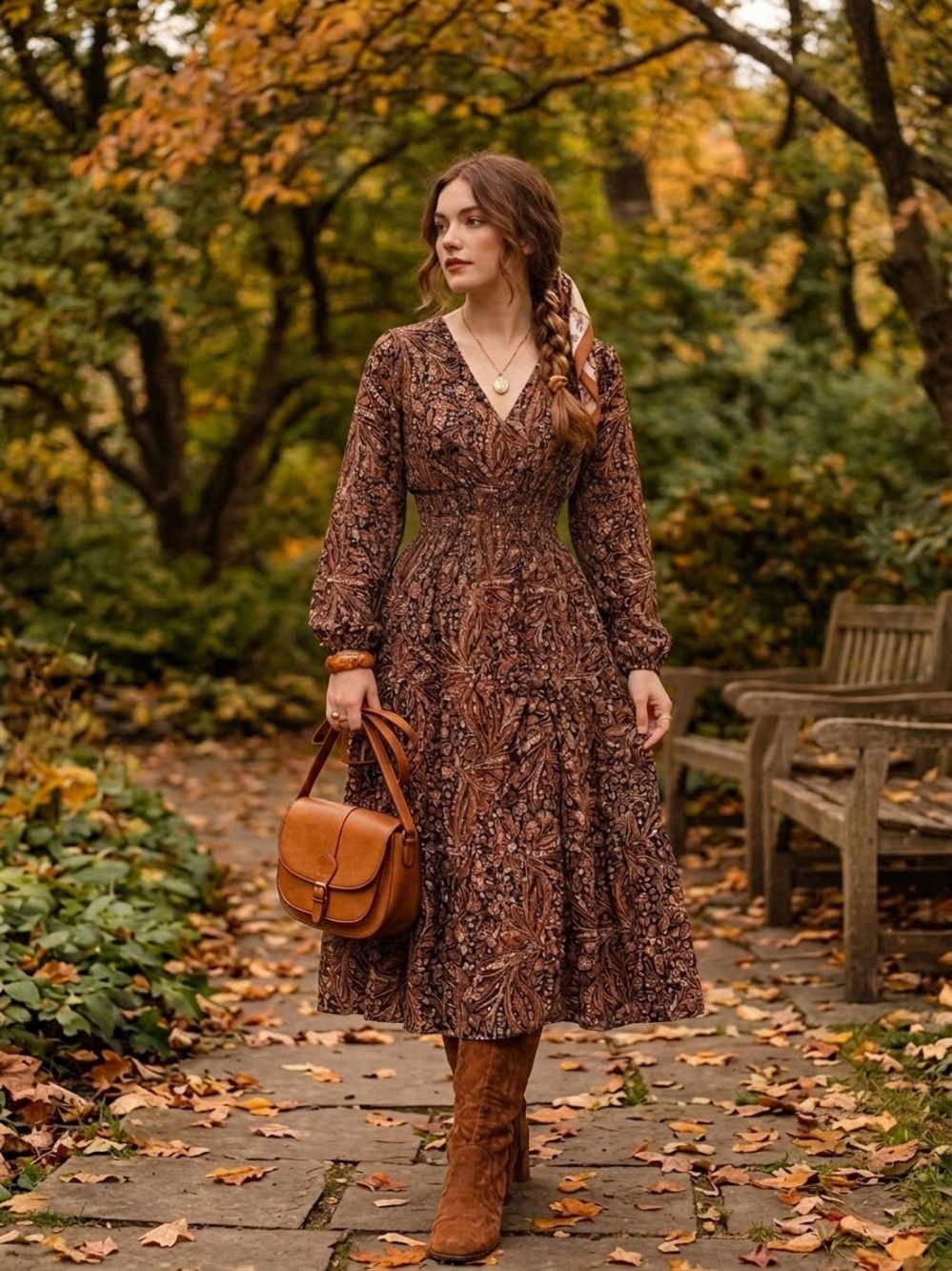 Cleo Retro Tiered Brown Paisley VโNeck Long Sleeve Midi Dress Size Medium